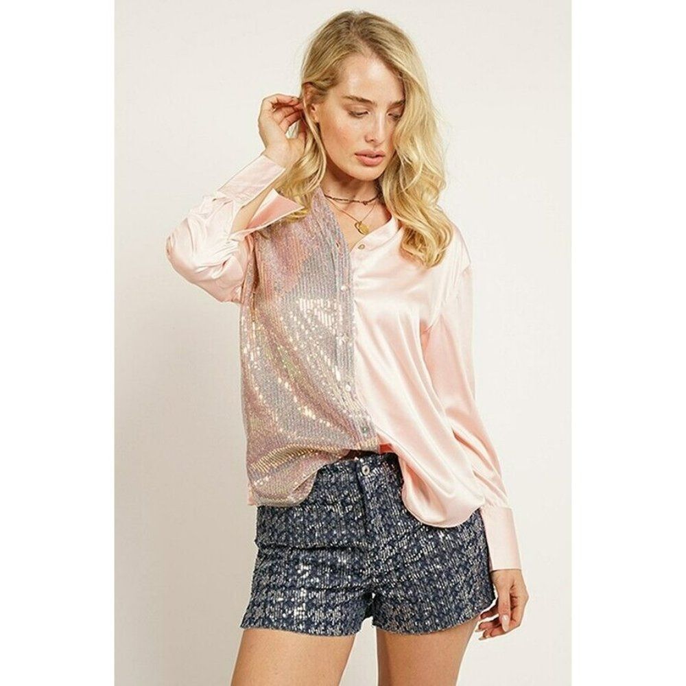 GeeGee Clothing Satin Sequin Button Up Mix Top Shirt in Peach New S-L ST2310